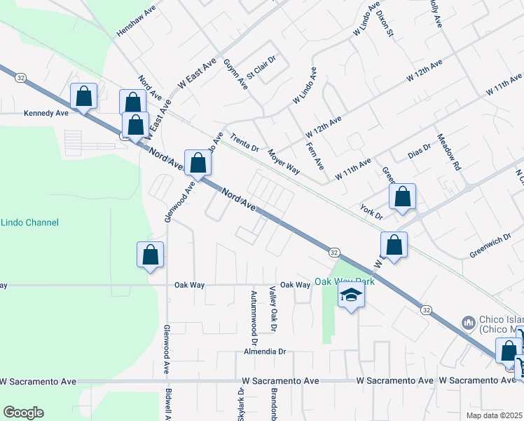 map of restaurants, bars, coffee shops, grocery stores, and more near 2150 Nord Avenue in Chico