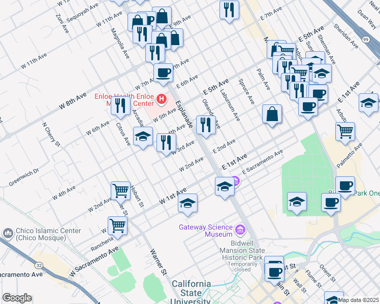 map of restaurants, bars, coffee shops, grocery stores, and more near 1244 Magnolia Avenue in Chico