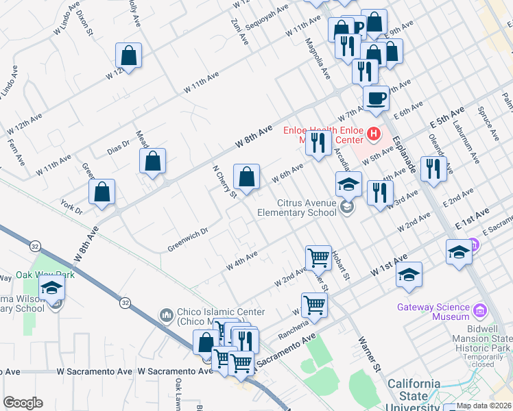 map of restaurants, bars, coffee shops, grocery stores, and more near 635 West 6th Avenue in Chico