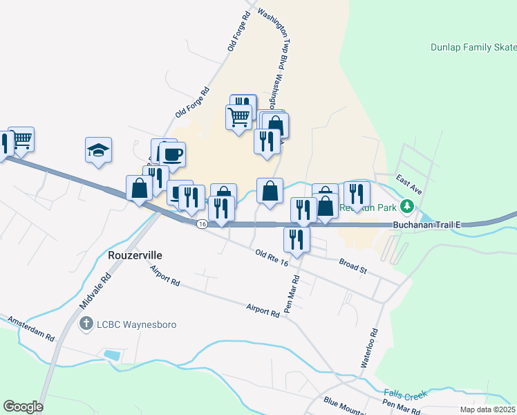 map of restaurants, bars, coffee shops, grocery stores, and more near 12957 Washington Township Boulevard in Waynesboro