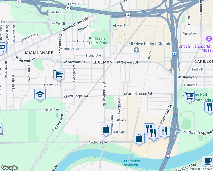 map of restaurants, bars, coffee shops, grocery stores, and more near 1242 South Broadway Street in Dayton