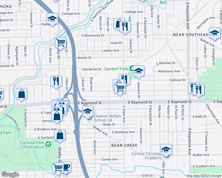map of restaurants, bars, coffee shops, grocery stores, and more near 1604 East Legrande Avenue in Indianapolis