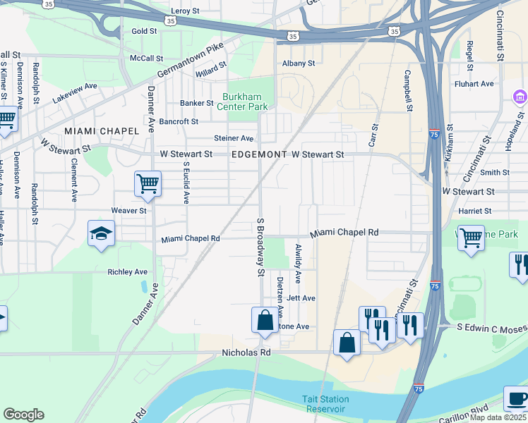 map of restaurants, bars, coffee shops, grocery stores, and more near 1244 South Broadway Street in Dayton