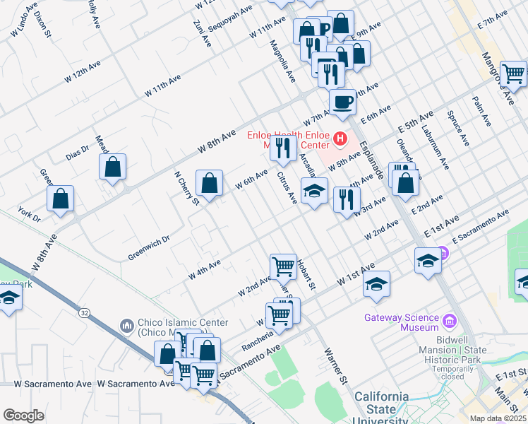 map of restaurants, bars, coffee shops, grocery stores, and more near 1467 Hobart Street in Chico