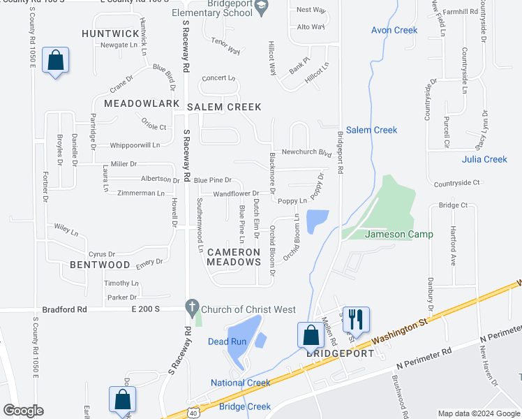 map of restaurants, bars, coffee shops, grocery stores, and more near 1843 Dutch Elm Drive in Indianapolis
