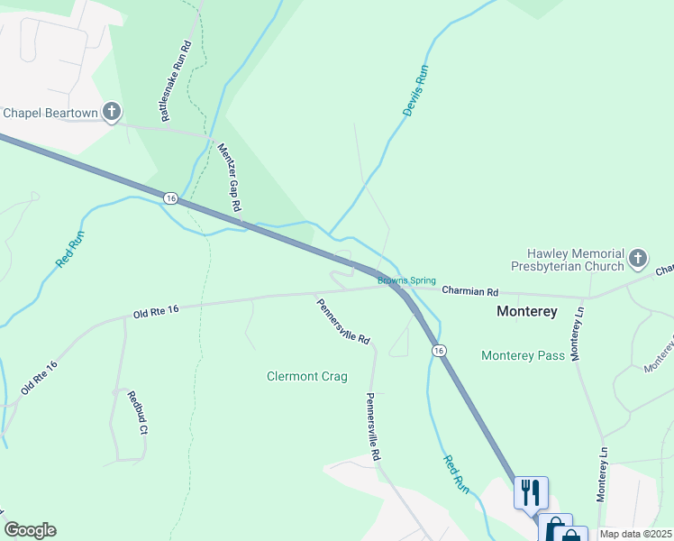 map of restaurants, bars, coffee shops, grocery stores, and more near 14078 Buchanan Trail East in Waynesboro