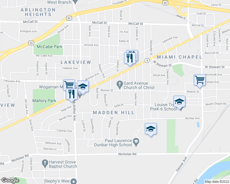 map of restaurants, bars, coffee shops, grocery stores, and more near 2324 Weaver Street in Dayton
