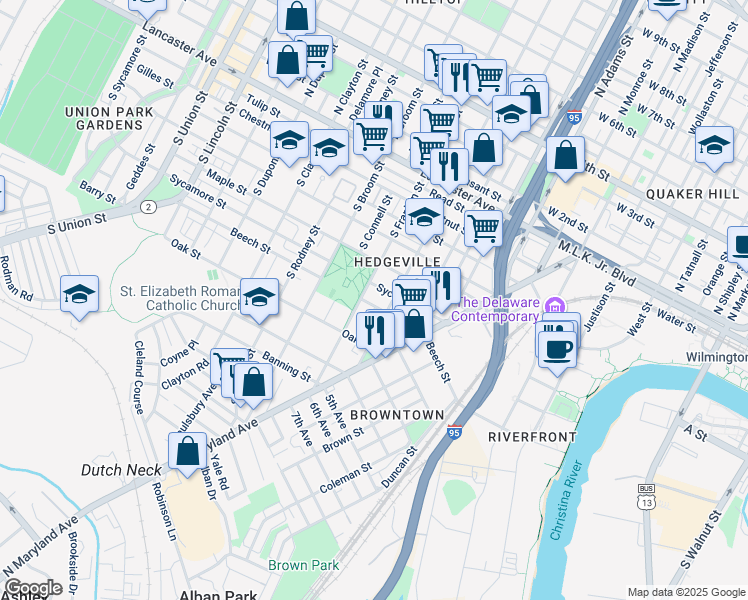 map of restaurants, bars, coffee shops, grocery stores, and more near 1207 Beech Street in Wilmington