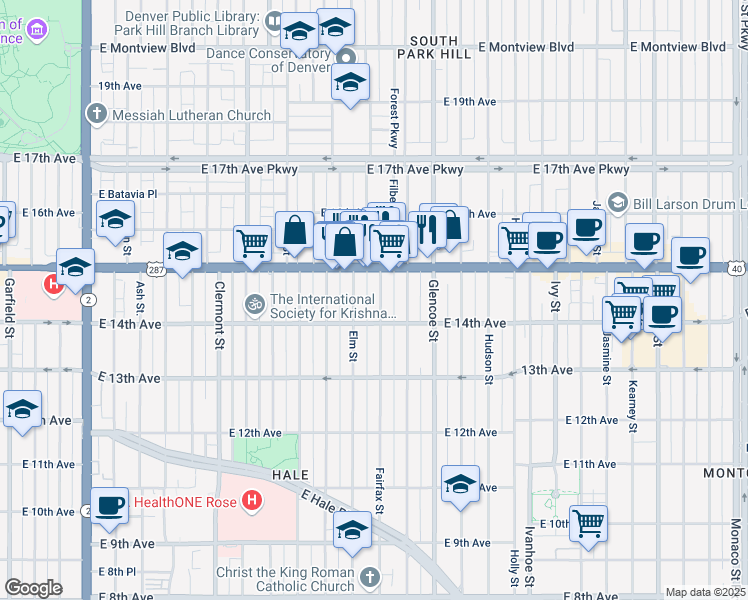 map of restaurants, bars, coffee shops, grocery stores, and more near 1471 Fairfax Street in Denver
