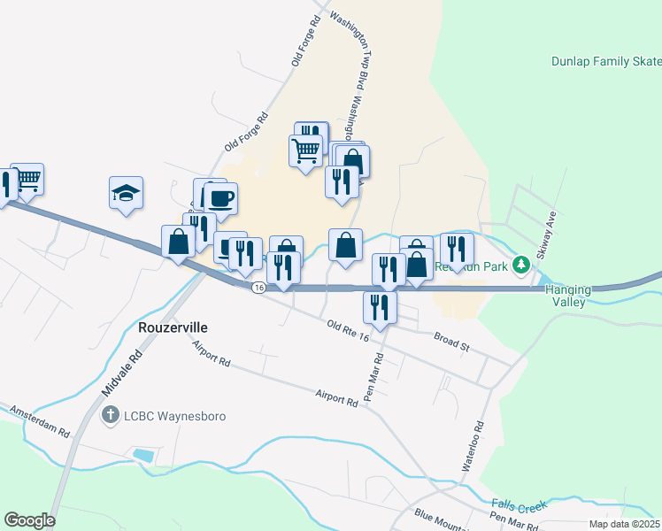 map of restaurants, bars, coffee shops, grocery stores, and more near 12947 Washington Township Boulevard in Waynesboro