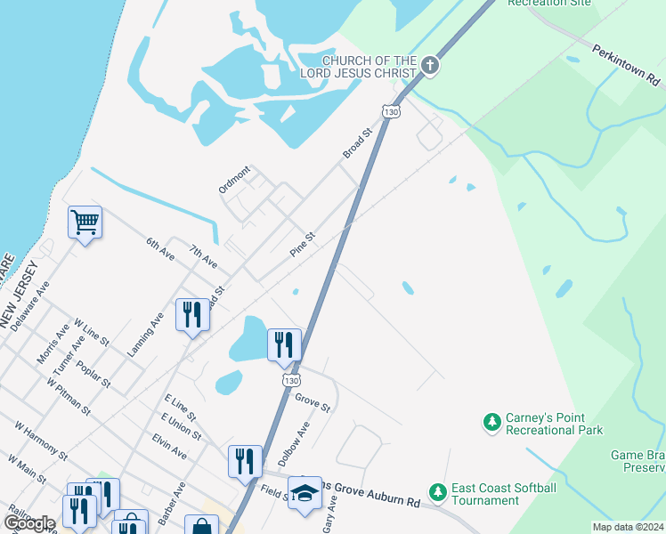 map of restaurants, bars, coffee shops, grocery stores, and more near 21 East Del-A-Vue Avenue in Carneys Point Township