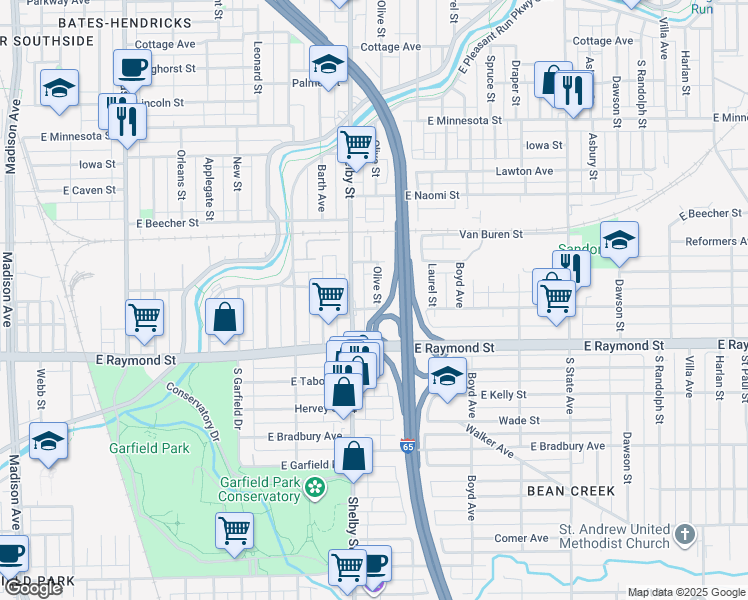 map of restaurants, bars, coffee shops, grocery stores, and more near 2050 Olive Street in Indianapolis