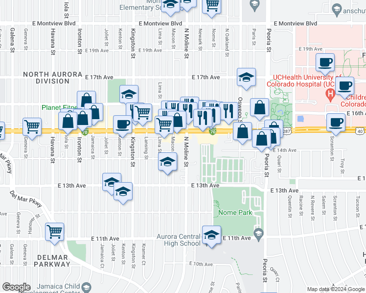map of restaurants, bars, coffee shops, grocery stores, and more near 1445 Moline Street in Aurora