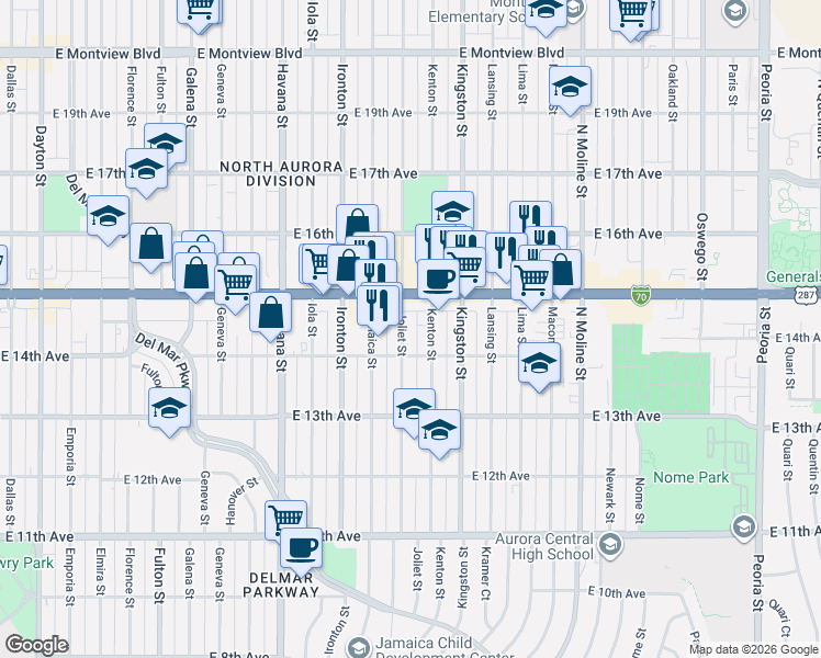 map of restaurants, bars, coffee shops, grocery stores, and more near in Aurora