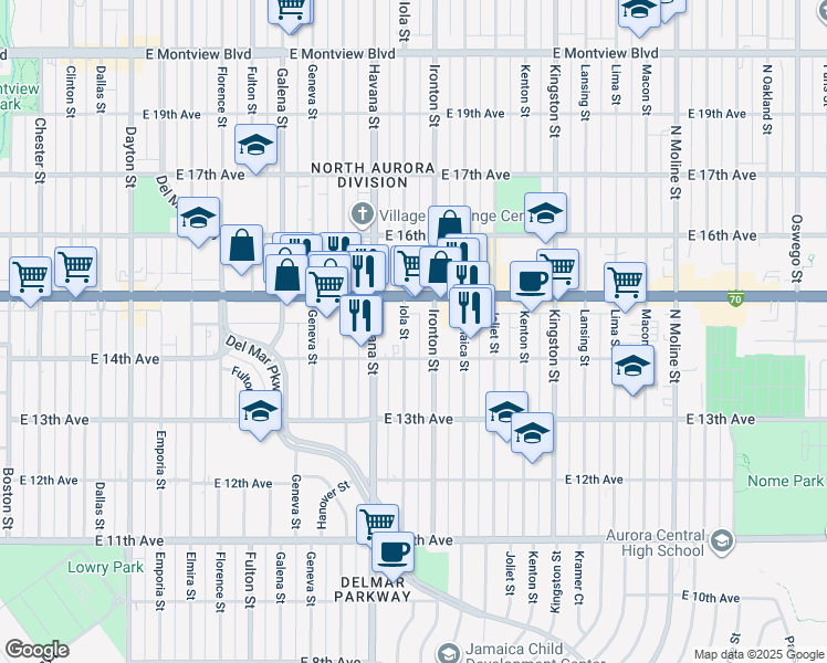 map of restaurants, bars, coffee shops, grocery stores, and more near 10590 East Colfax Avenue in Aurora