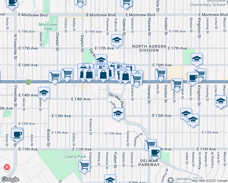 map of restaurants, bars, coffee shops, grocery stores, and more near 10000 East Colfax Avenue in Aurora