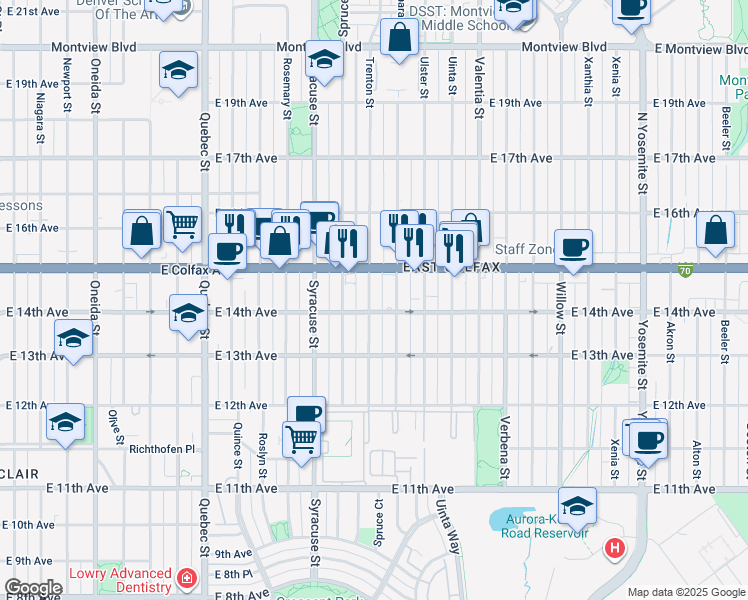 map of restaurants, bars, coffee shops, grocery stores, and more near 7900 East Colfax Avenue in Denver
