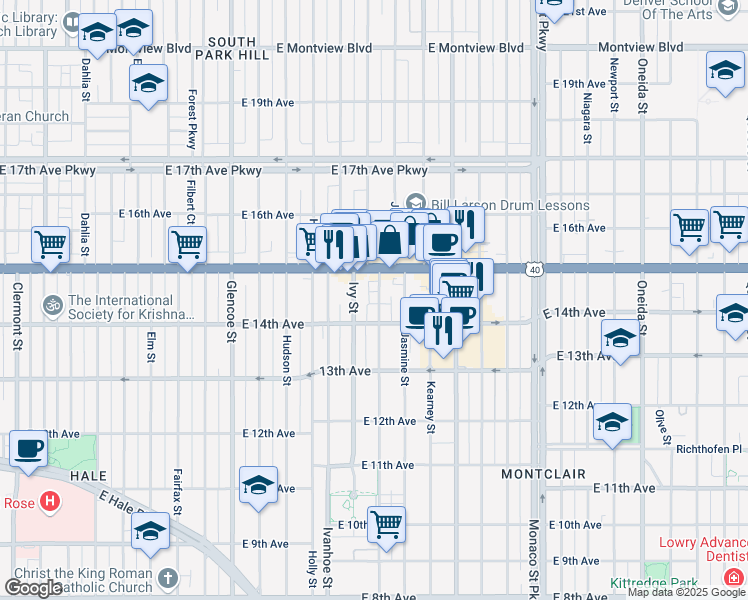 map of restaurants, bars, coffee shops, grocery stores, and more near 1454 Jersey Street in Denver