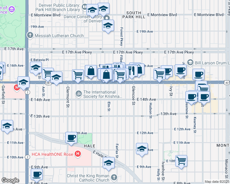 map of restaurants, bars, coffee shops, grocery stores, and more near 1471 Fairfax Street in Denver