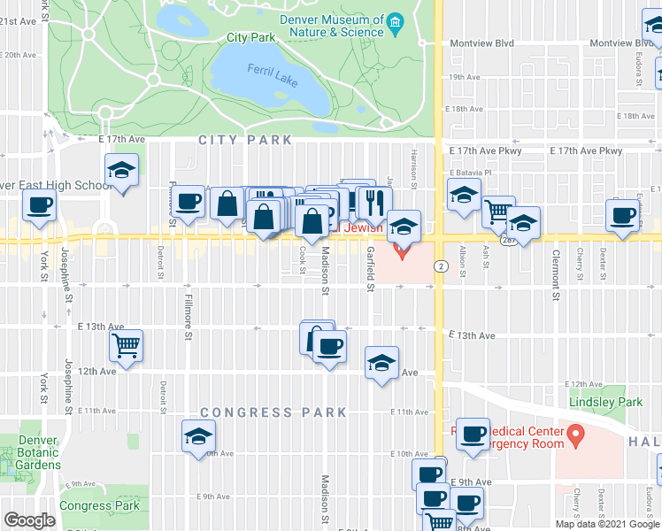 map of restaurants, bars, coffee shops, grocery stores, and more near 1456 Madison Street in Denver