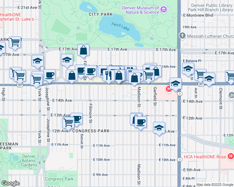 map of restaurants, bars, coffee shops, grocery stores, and more near 1464 Steele Street in Denver