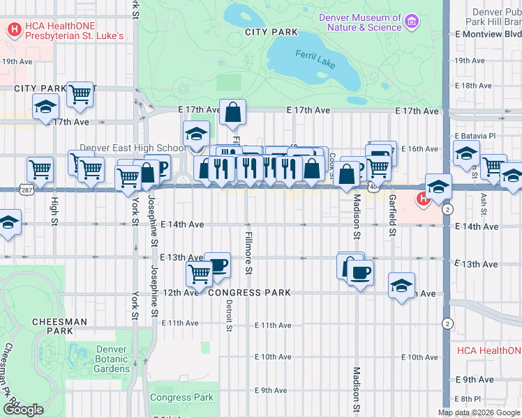 map of restaurants, bars, coffee shops, grocery stores, and more near 1461 Milwaukee Street in Denver