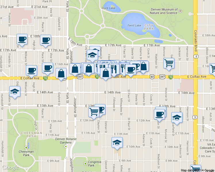 map of restaurants, bars, coffee shops, grocery stores, and more near in Denver