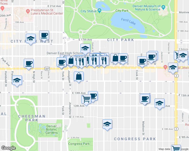 map of restaurants, bars, coffee shops, grocery stores, and more near 1460 Clayton Street in Denver