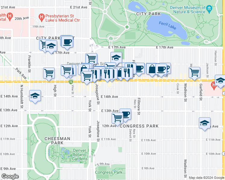 map of restaurants, bars, coffee shops, grocery stores, and more near 2526 East Colfax Avenue in Denver