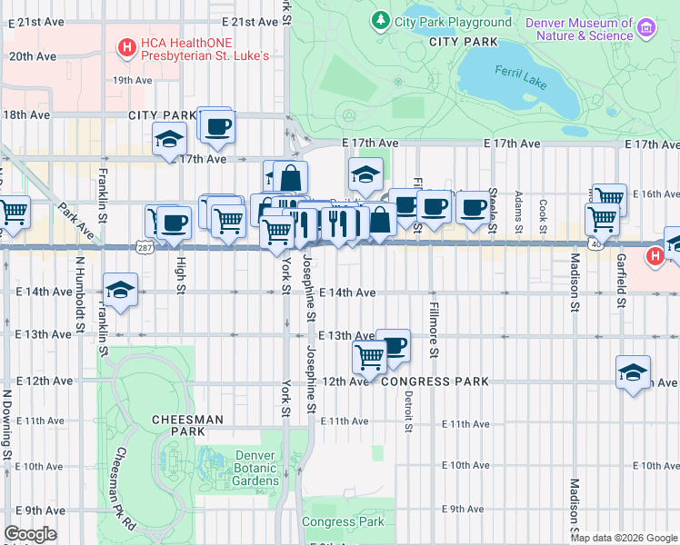 map of restaurants, bars, coffee shops, grocery stores, and more near 2424 East Colfax Avenue in Denver