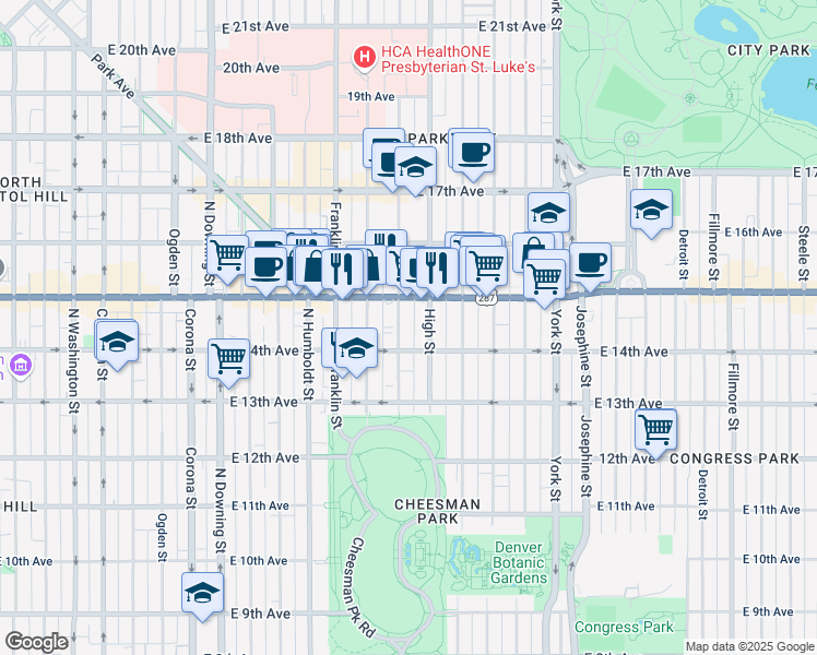 map of restaurants, bars, coffee shops, grocery stores, and more near in Denver