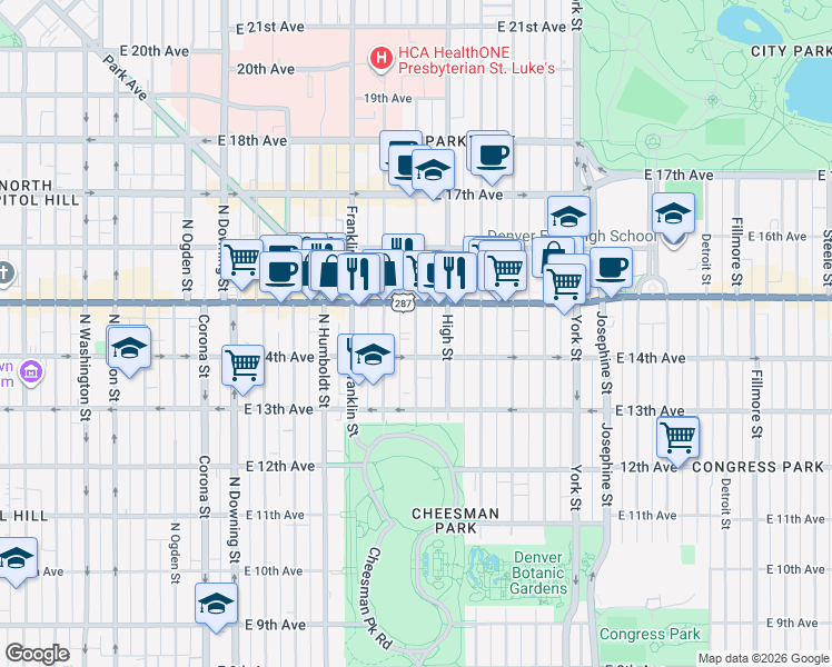 map of restaurants, bars, coffee shops, grocery stores, and more near 2024 U.S. 287 in Denver