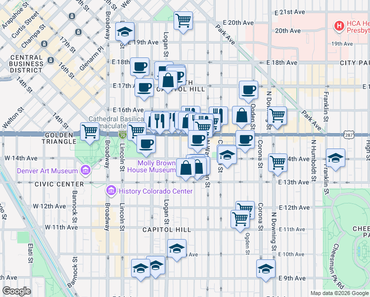 map of restaurants, bars, coffee shops, grocery stores, and more near 1432 Pennsylvania Street in Denver