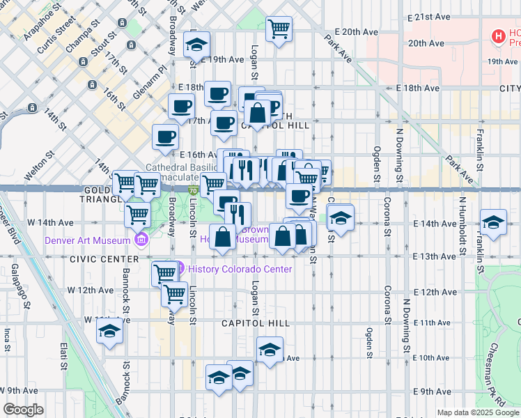 map of restaurants, bars, coffee shops, grocery stores, and more near 1450 Logan Street in Denver