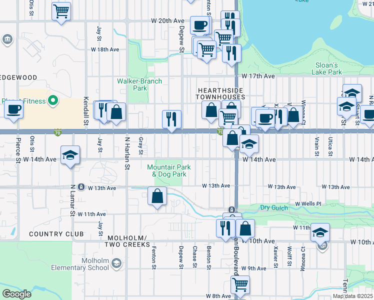 map of restaurants, bars, coffee shops, grocery stores, and more near 1455 Chase Street in Lakewood