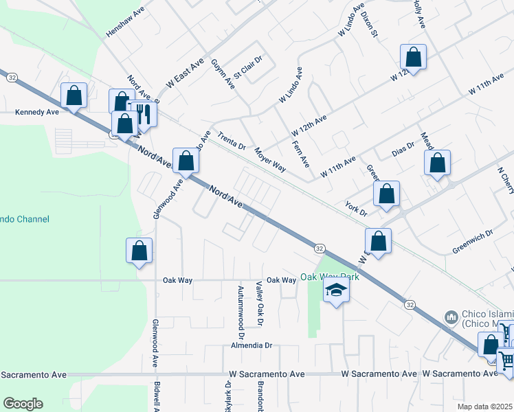 map of restaurants, bars, coffee shops, grocery stores, and more near 1332 Rossetti Lane in Chico