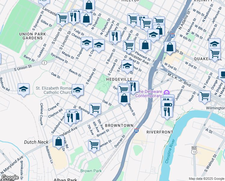 map of restaurants, bars, coffee shops, grocery stores, and more near 1207 Beech Street in Wilmington
