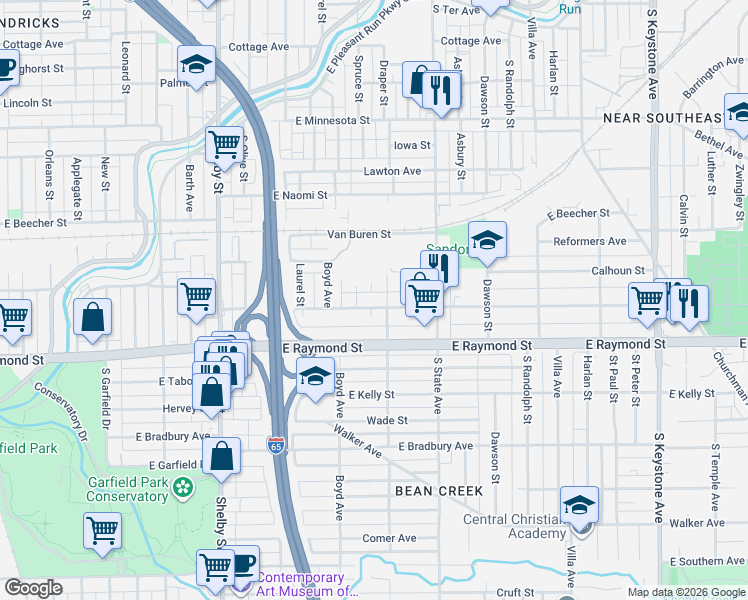 map of restaurants, bars, coffee shops, grocery stores, and more near 2018 Draper Street in Indianapolis