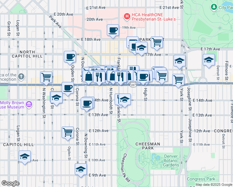 map of restaurants, bars, coffee shops, grocery stores, and more near 1435 Franklin Street in Denver
