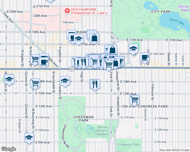 map of restaurants, bars, coffee shops, grocery stores, and more near 1455 Vine Street in Denver