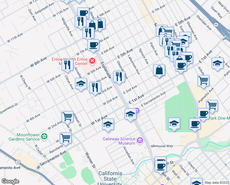 map of restaurants, bars, coffee shops, grocery stores, and more near 1230 Esplanade in Chico