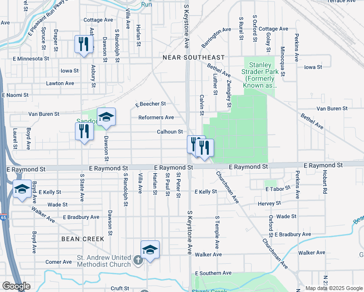 map of restaurants, bars, coffee shops, grocery stores, and more near 2350 East Legrande Avenue in Indianapolis