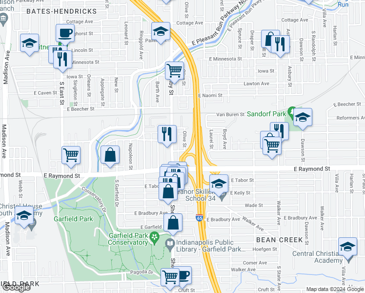 map of restaurants, bars, coffee shops, grocery stores, and more near 2048 Olive Street in Indianapolis