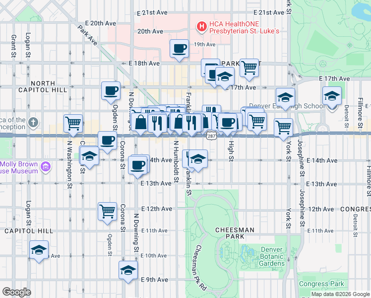 map of restaurants, bars, coffee shops, grocery stores, and more near 1435 Franklin Street in Denver