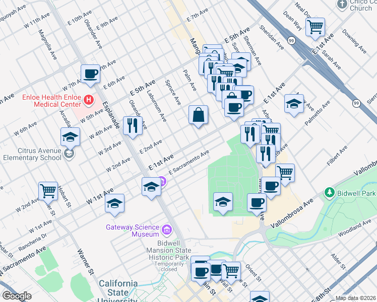 map of restaurants, bars, coffee shops, grocery stores, and more near 363 East 1st Avenue in Chico
