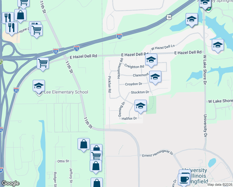 map of restaurants, bars, coffee shops, grocery stores, and more near 4136 Hazelcrest Road in Springfield