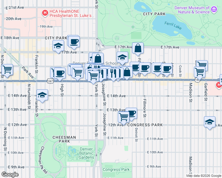 map of restaurants, bars, coffee shops, grocery stores, and more near 2424 East Colfax Avenue in Denver
