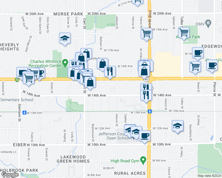 map of restaurants, bars, coffee shops, grocery stores, and more near 1409 Allison Street in Lakewood