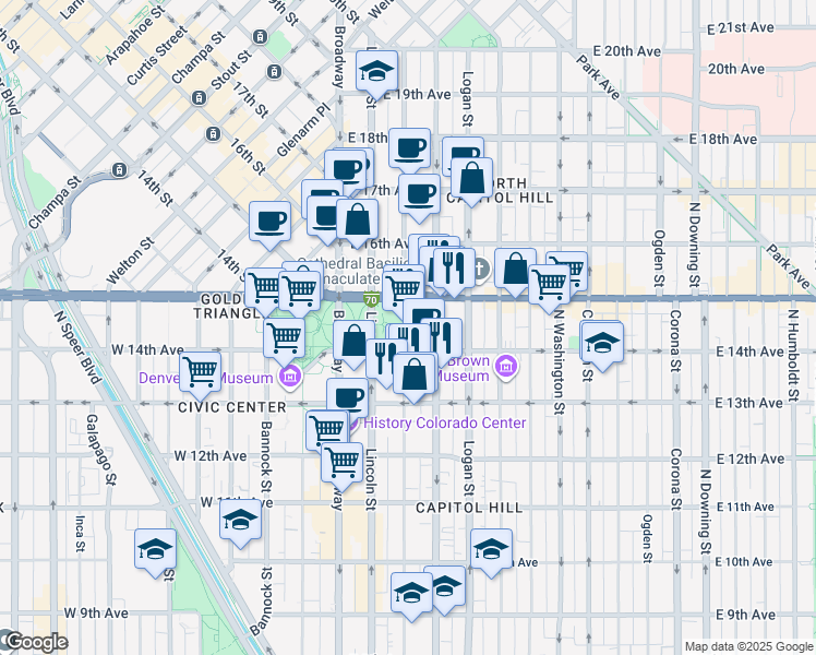 map of restaurants, bars, coffee shops, grocery stores, and more near in Denver