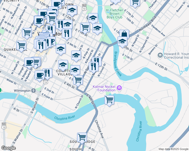 map of restaurants, bars, coffee shops, grocery stores, and more near 721 East 7th Street in Wilmington